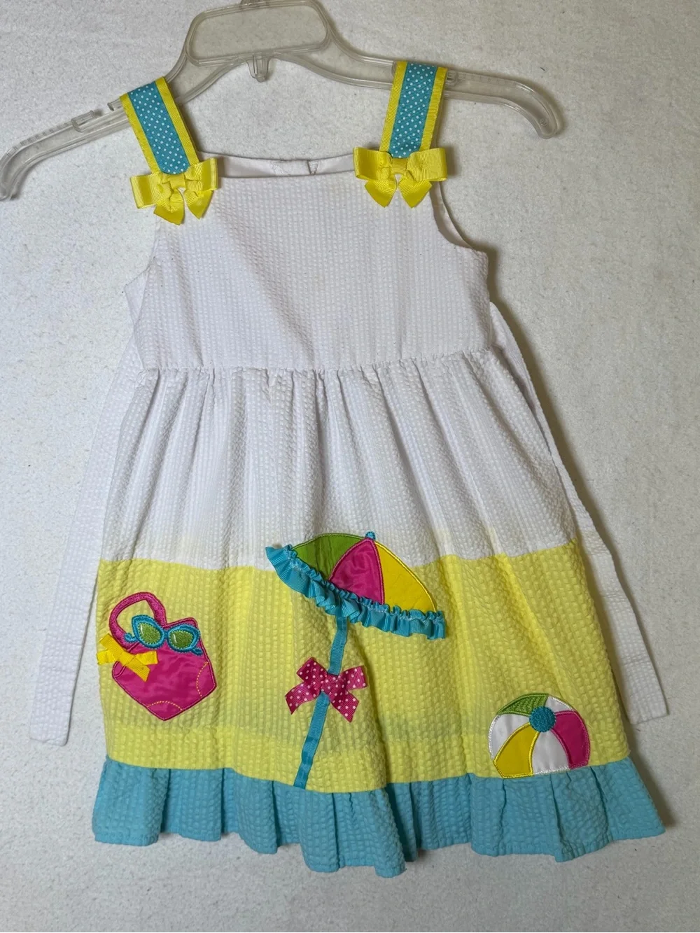 Emily Rose Girls Size S (5) Seersucker Summer Dress Beach Umbrella Applique